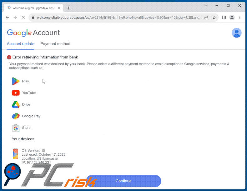 Wygląd oszustwa Error Retrieving Information From Bank (GIF)