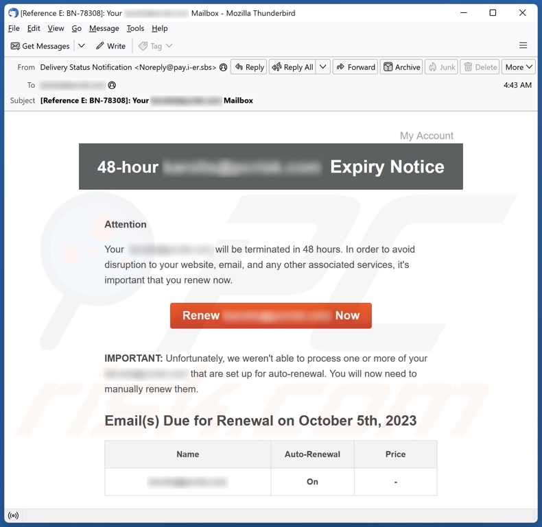 E-mailowa kampania spamowa Expiry Notice