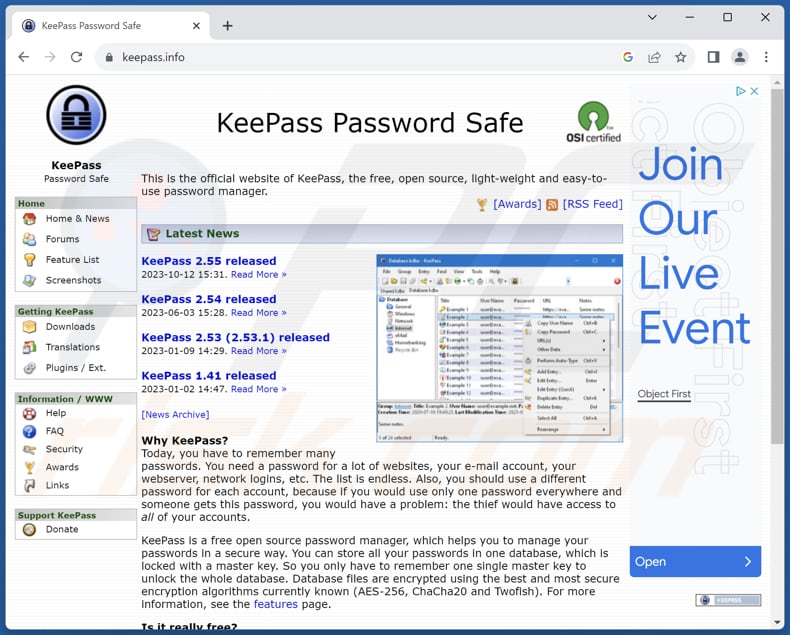 Prawdziwa strona KeePass malware Fakebat
