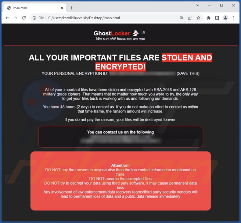 Notatka z żądaniem okupu ransomware GhostLocker (lmao.html)