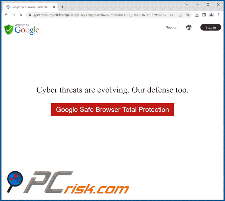 Wygląd oszustwa Google Safe Browser Total Protection (GIF)