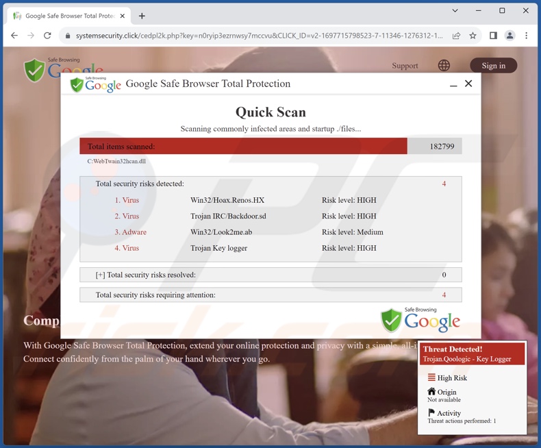 Oszustwo Google Safe Browser Total Protection (strona w tle)