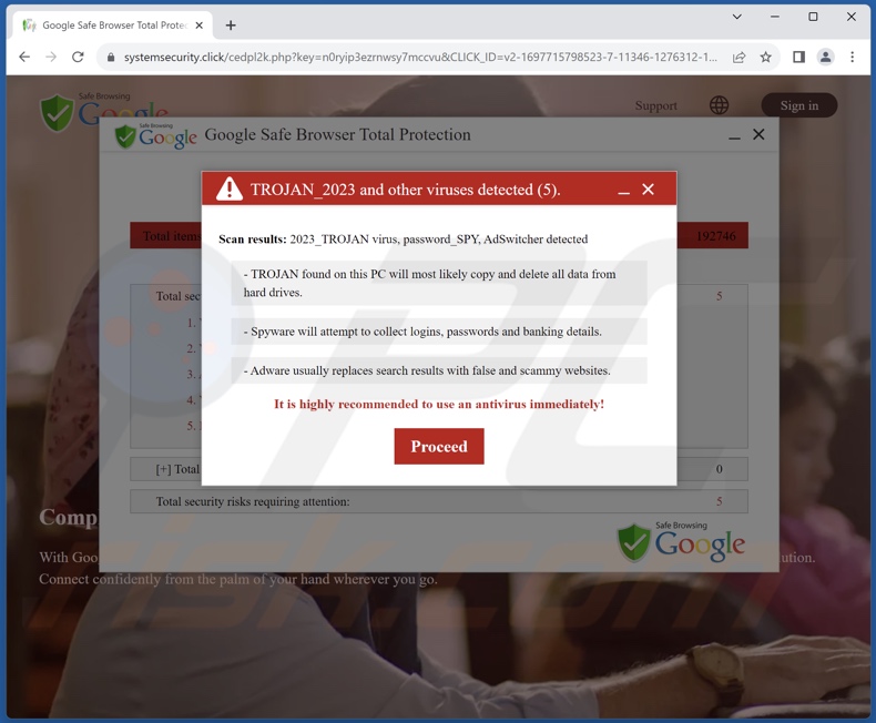 Pop-up oszustwa Google Safe Browser Total Protection