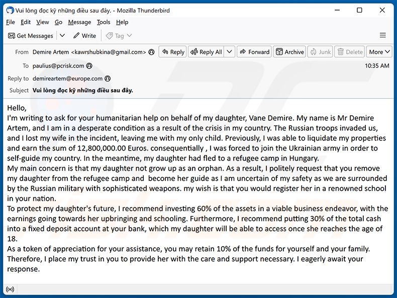 Help My Daughter oszustwo e-mailowe (2023-10-05)