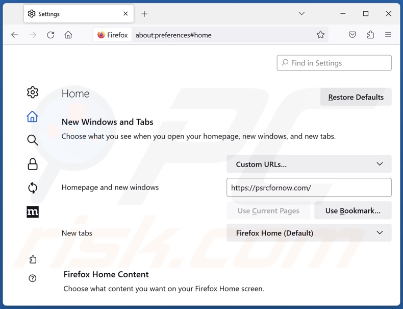 Usuwanie psrcfornow.com ze strony domowej Mozilla Firefox