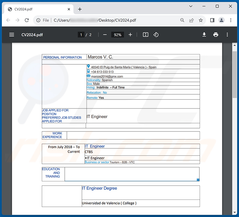 Dokument PDF dystrybuowany poprzez oszustwo e-mailowe HR (Human Resources) (2023-10-16)