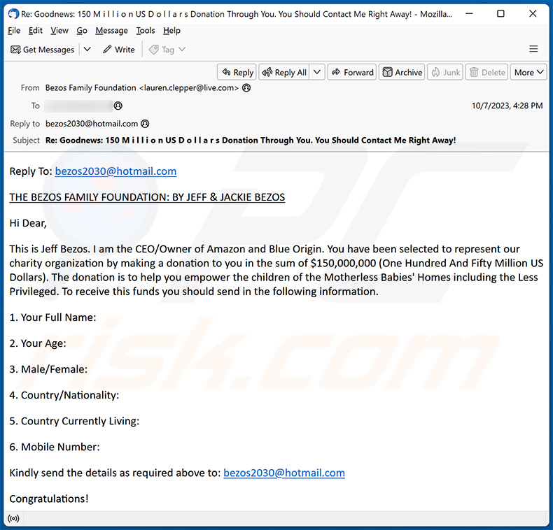 Oszukańczy e-mail Jeff Bezos Charity Project (2023-10-09)