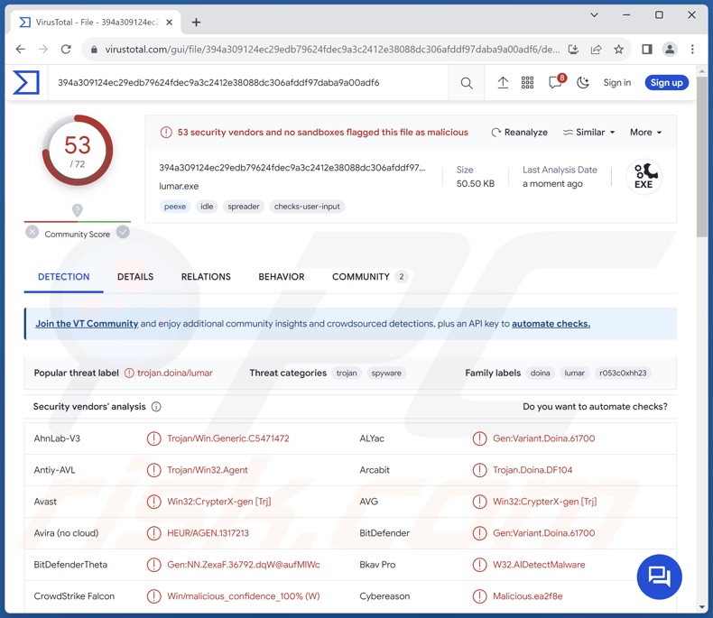 Wykrycia malware Lumar na VirusTotal