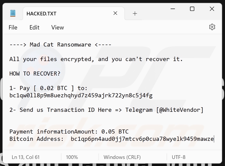 Notatka z żądaniem okupu ransomware Mad Cat (HACKED.txt)