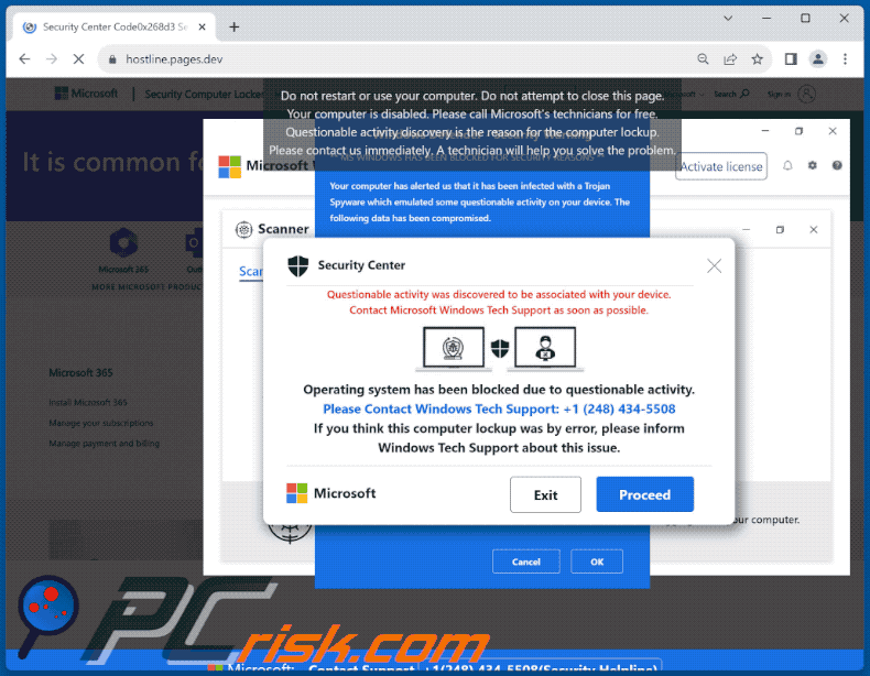 Wygląd oszustwa Operating System Blocked Due To Questionable Activity (GIF)