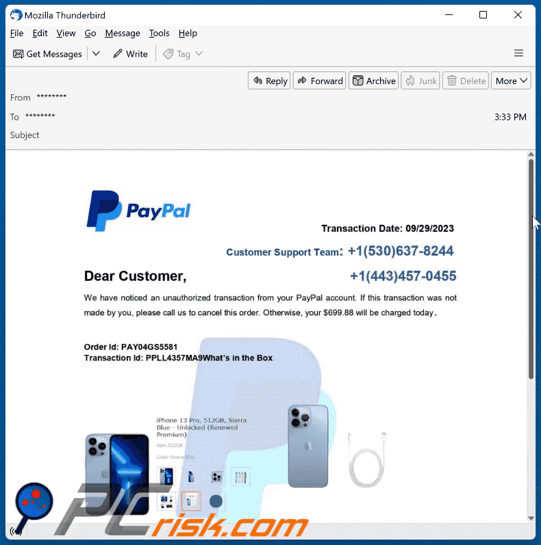 Wygląd oszustwa e-mailowego PayPal - Unauthorized Transaction