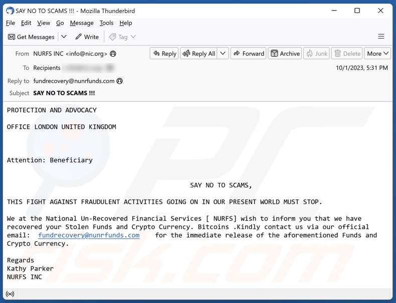 E-mailowa kampania spamowa Recovered Stolen Funds And Crypto Currency