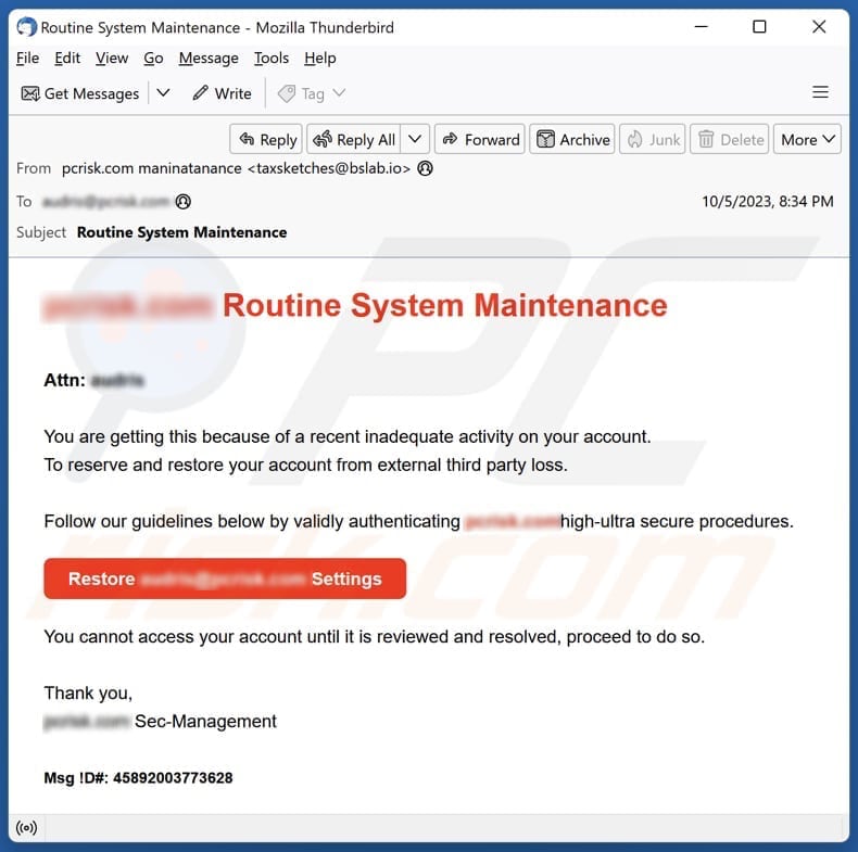 E-mailowa kampania spamowa Routine System Maintenance
