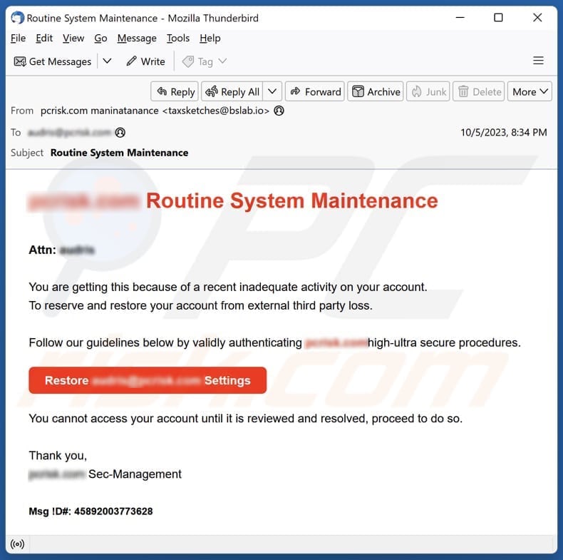 E-mailowa kampania spamowa Routine System Maintenance