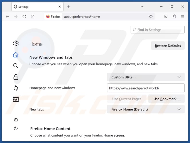 Usuwanie searchparrot.world ze strony domowej Mozilla Firefox
