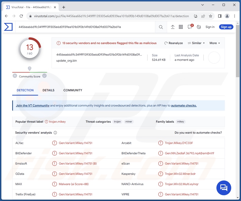 Wykrycia malware StripedFly na VirusTotal