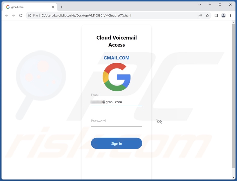 Plik phishingowu promowanyu przez oszustwo e-mailowe Voicemail Message Received (VM10530_VMCloud_WAV.html)