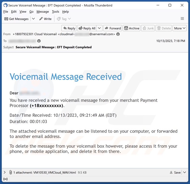 E-mailowa kampania spamowa Voicemail Message Received