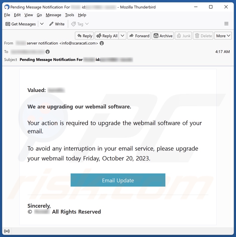 E-mailowa kampania spamowa Webmail Software Upgrade