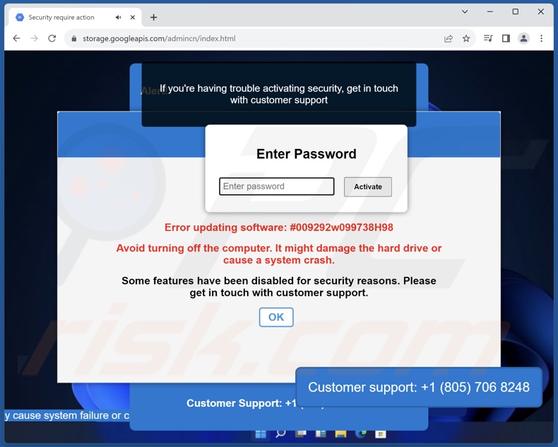 Ostatnie okno pop-up wyświetlane przez oszustwo Your Security Is Not Up-To-Date