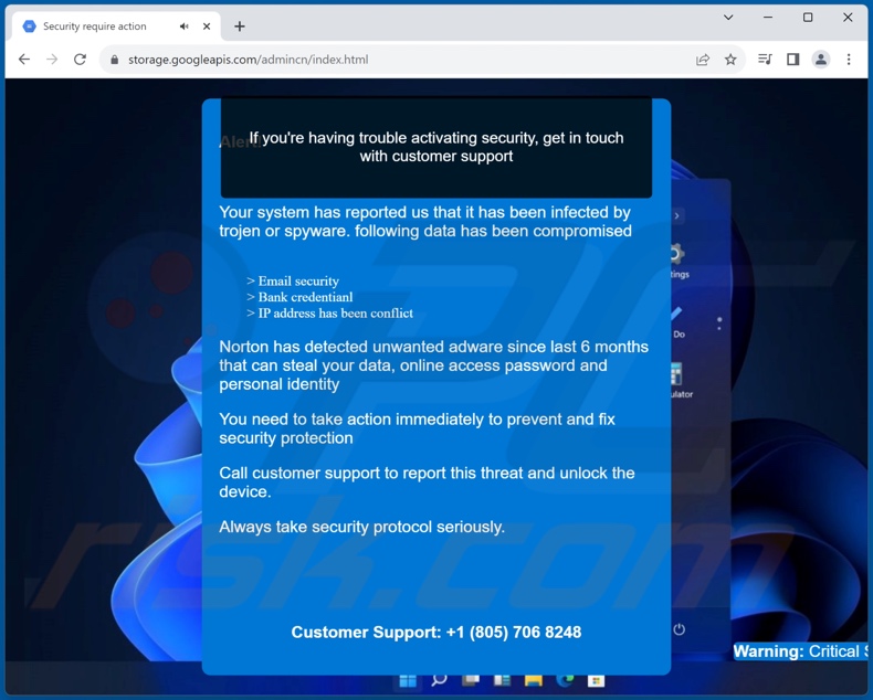 Drugie okno pop-up wyświetlane przez oszustwo Your Security Is Not Up-To-Date