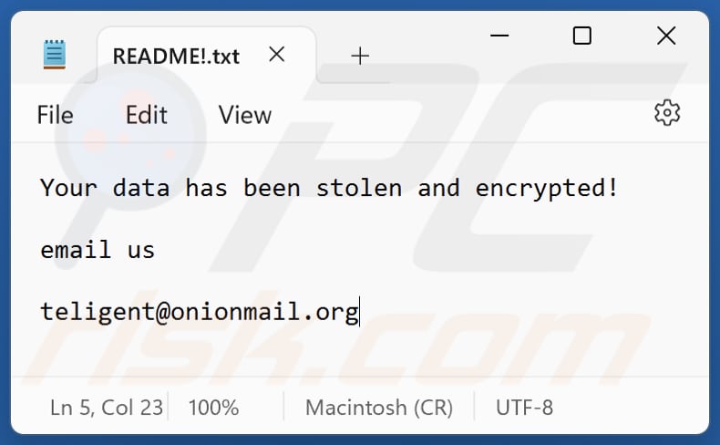 Plik tekstowy ransomware 34678 (README!.txt)