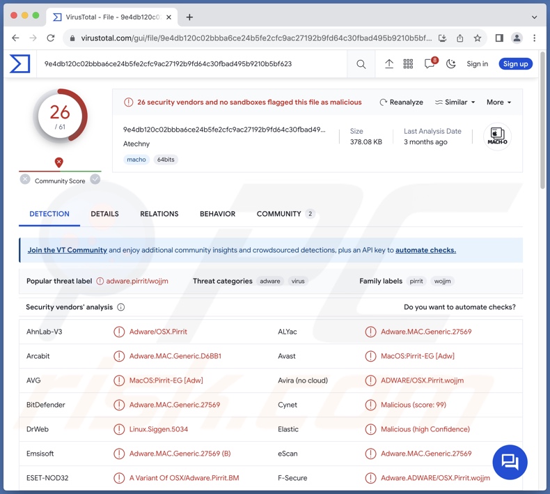 Wykrycia adware Atechny na VirusTotal