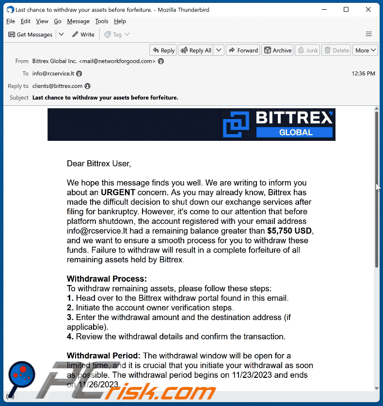 Wygląd oszukańczego e-maila Bittrex