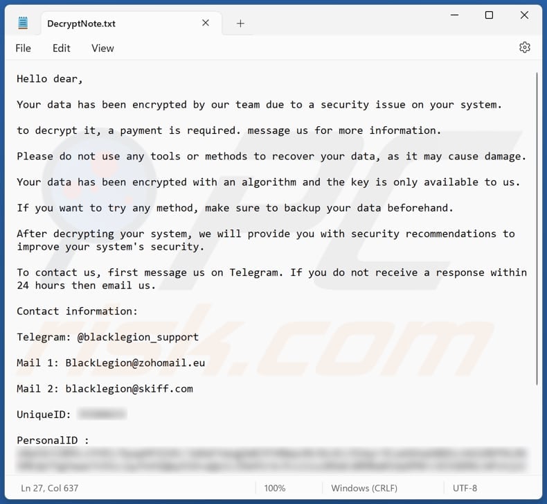 Plik tekstowy ransomware BlackLegion (DecryptNote.txt)