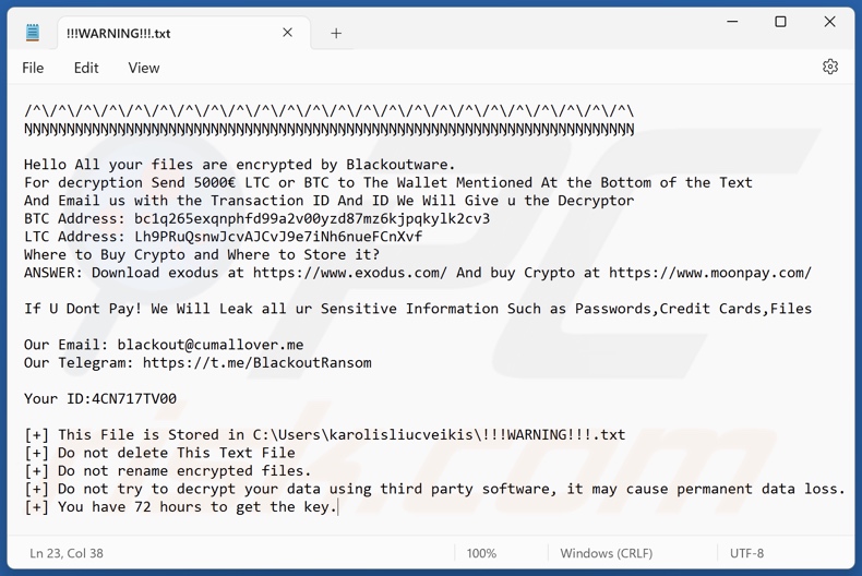Notatka z żądaniem okupu ransomware Blackoutware (!!!WARNING!!!.txt)