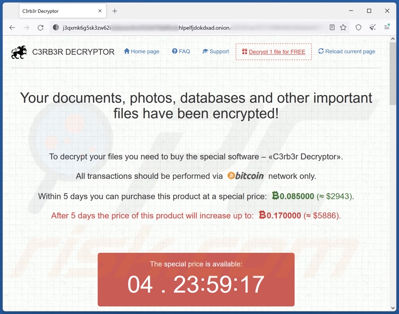 Witryna Tor ransomware C3RB3R