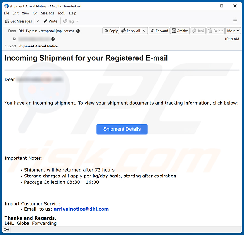DHL -  Incoming Shipment for your Registered E-mail oszustwo