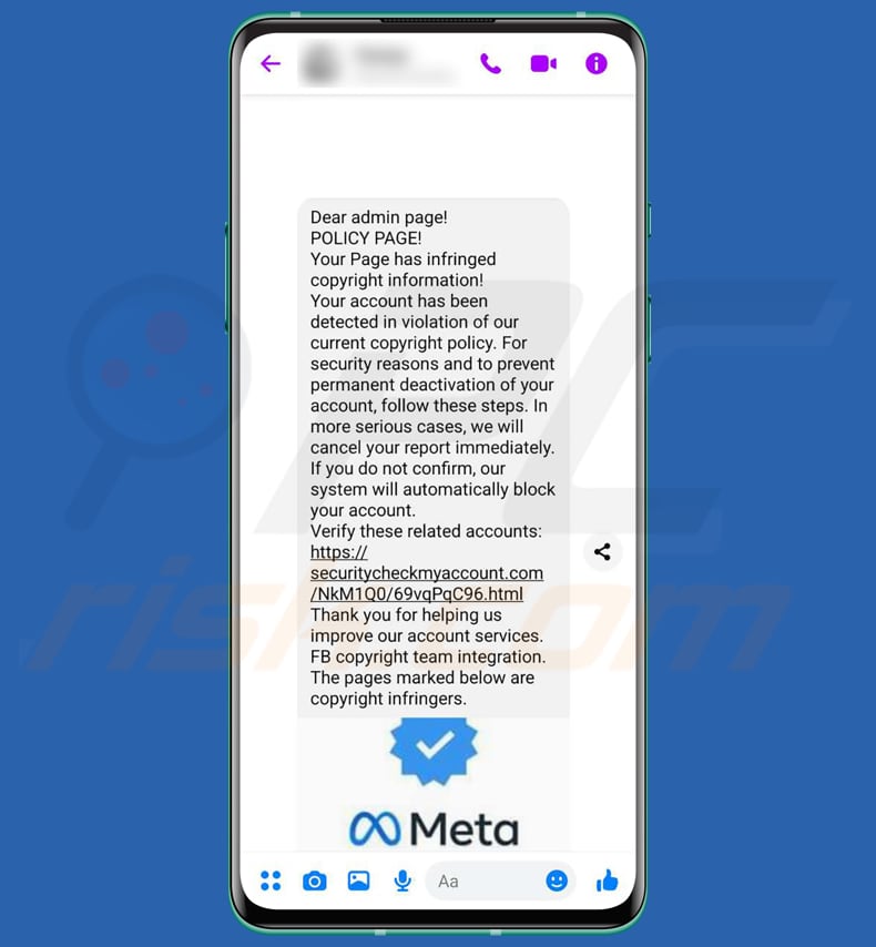 Oszustwo smishingowe Facebook Page Has Infringed Copyright Information