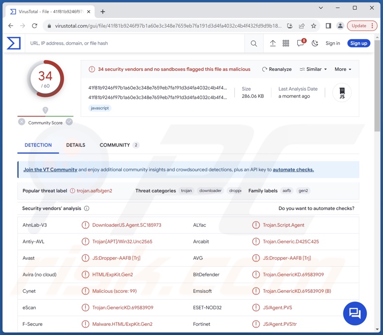 Wykrycia malware GootBot na VirusTotal