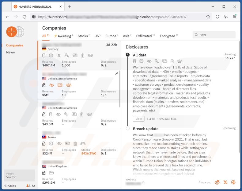 Strona z wyciekiem danych ransomware Hunters International