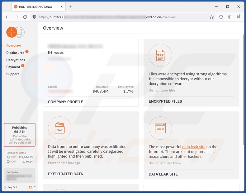 Strona z kontaktem i płatnością ransomware Hunters International