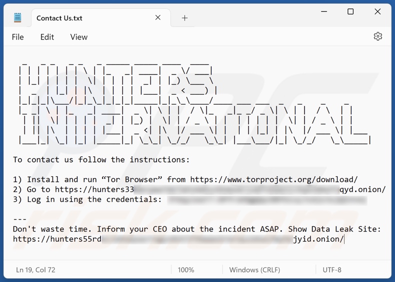 Notatka z żądaniem okupu ransomware Hunters International (Contact Us.txt)