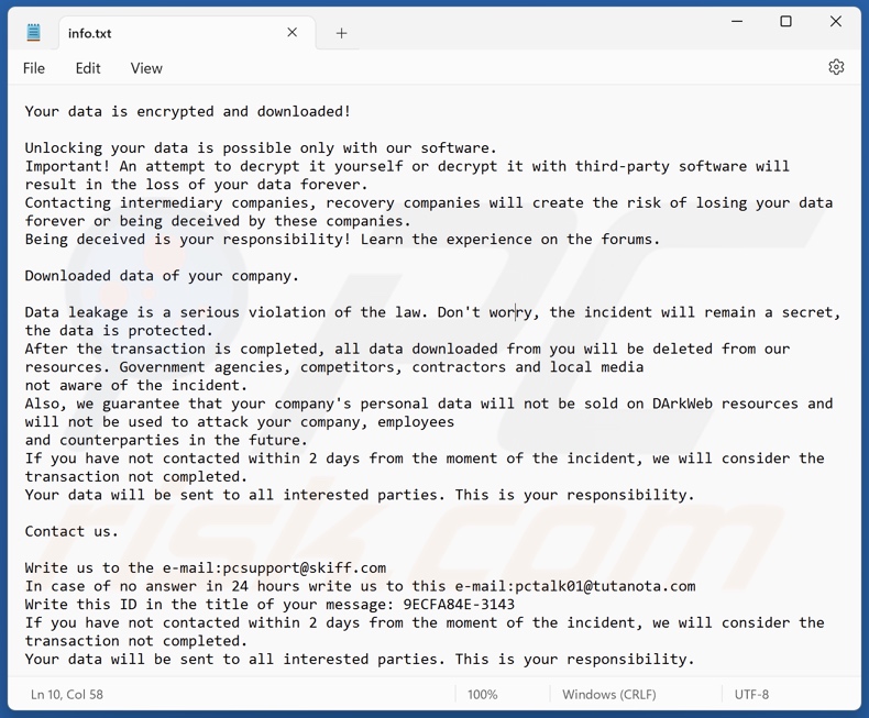 Plik tekstowy ransomware LEAKDB (info.txt)