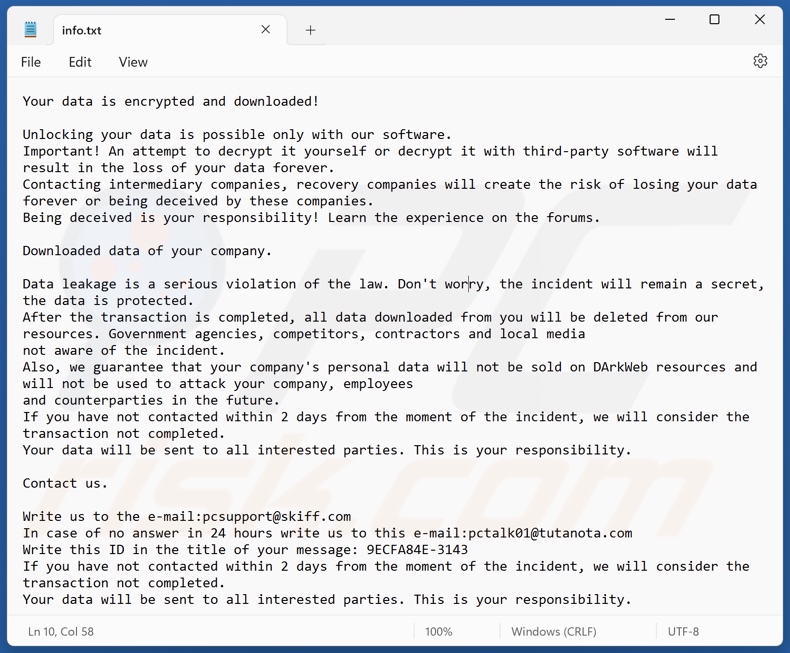 Plik tekstowy ransomware LEAKDB (info.txt)