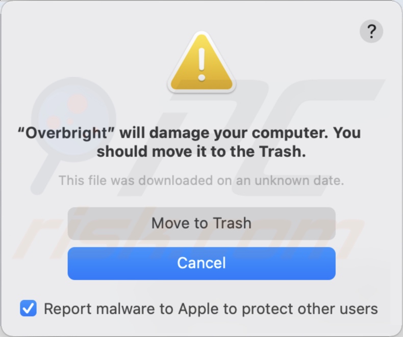 Pop-up wyświetlany, gdy adware Overbright jest wykrywane w systemie