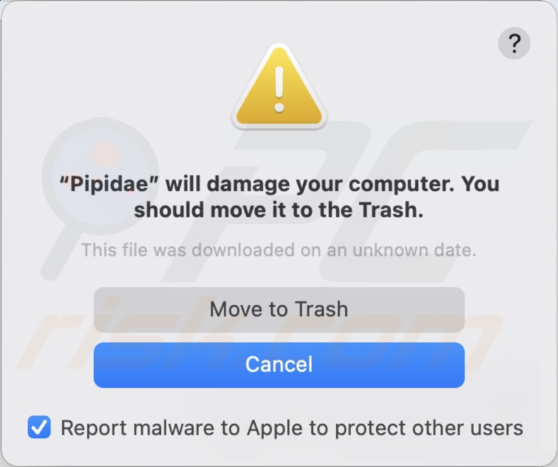 Pop-up powiadamiający o obecności adware Pipidae w systemie