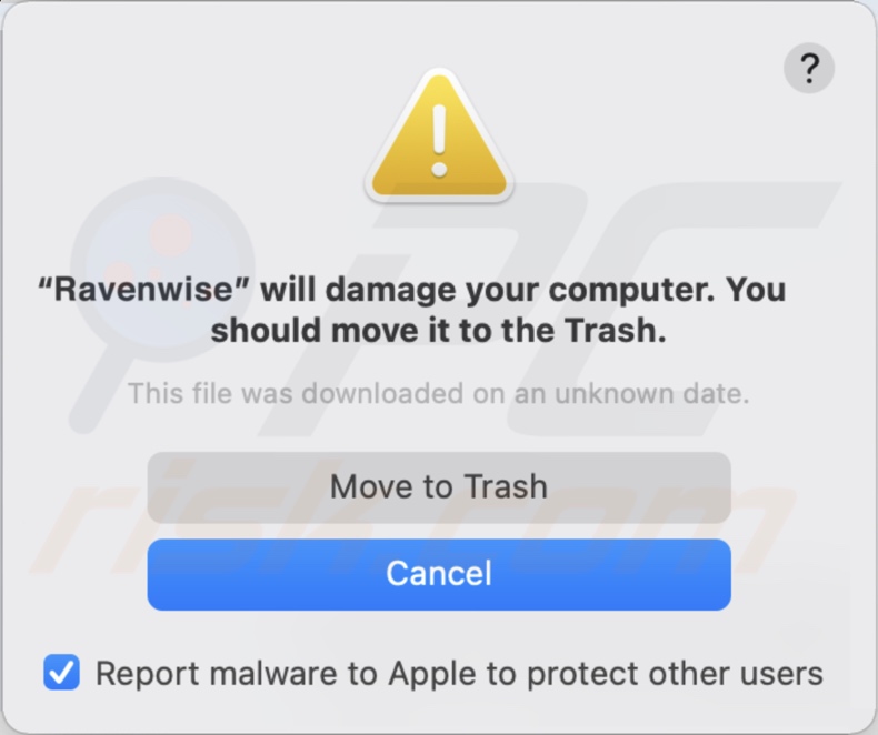 Pop-up wyświetlany, gdy adware Ravenwise jest wykrywane w systemie