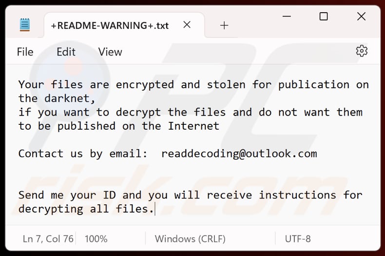 Plik tekstowy ransomware Read (+README-WARNING+.txt)