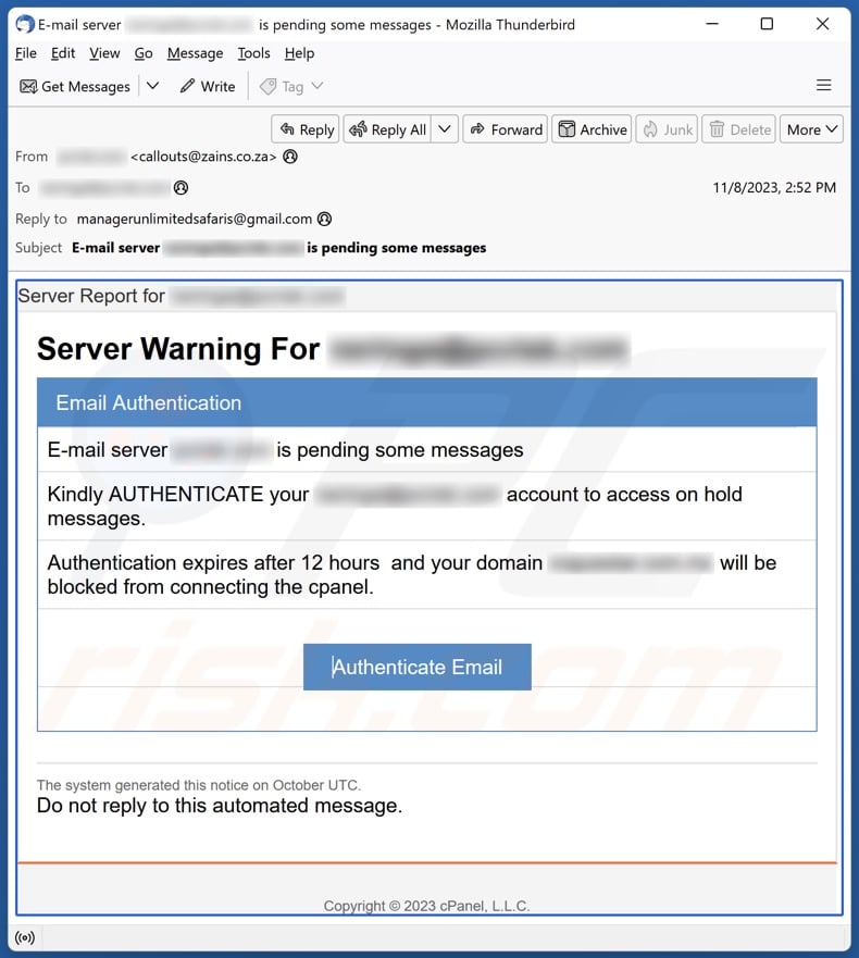 E-mailowa kampania spamowa Server Warning