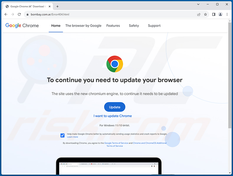 Witryna rozsyłająca malware zgRAT, prezentująca je jako aktualizację Google Chrome