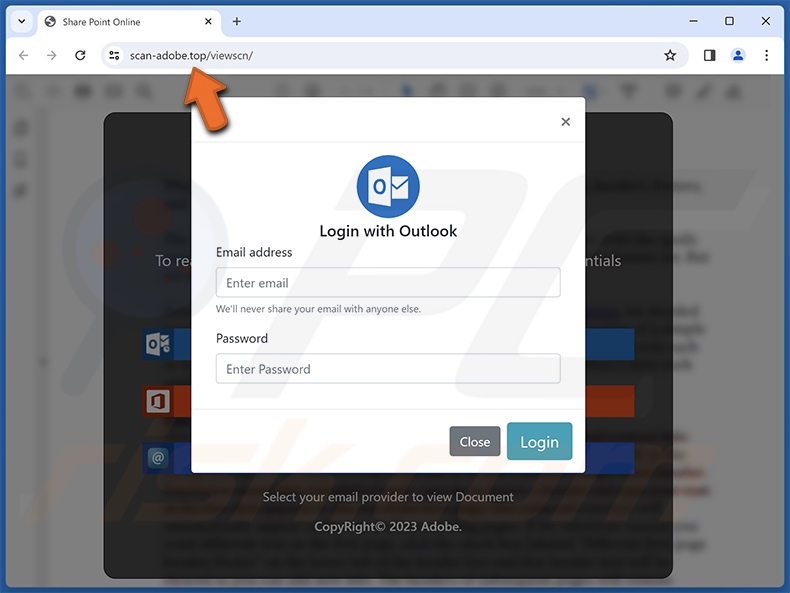 Strona phishingowa promowana przez oszustwo e-mailowe Adobe Scan