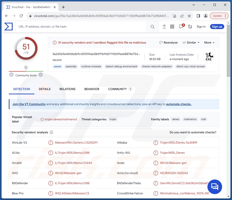 Wykrycia malware Agent Racoon na VirusTotal