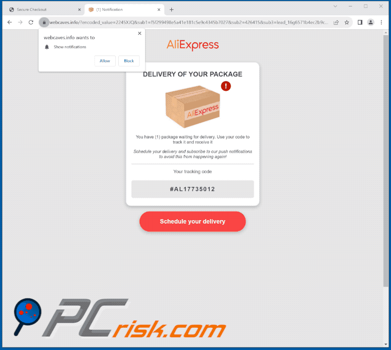 Strony phishingowe promowane przez oszustwo e-mailowe AliExpress Package (GIF)