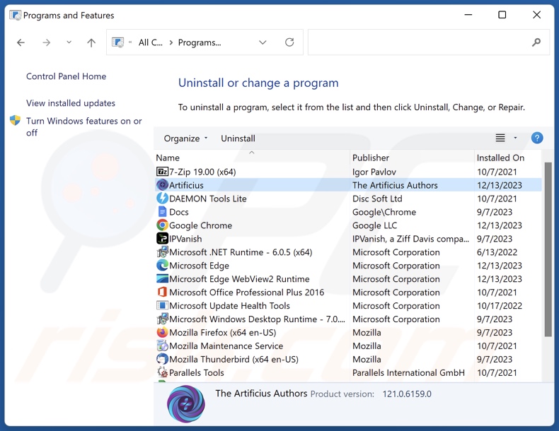 Odinstalowanie przeglądarki Artificius poprzez Panel sterowania