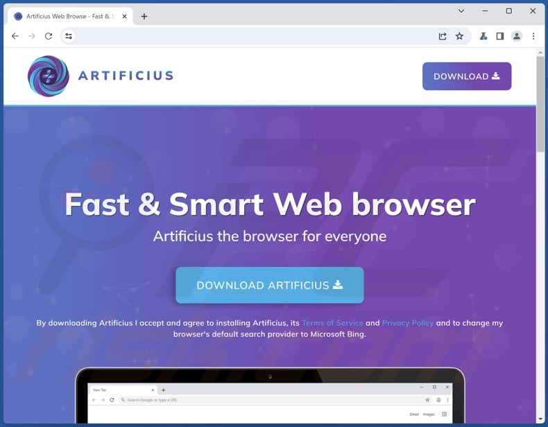 Witryna promująca przeglądarkę Artificius